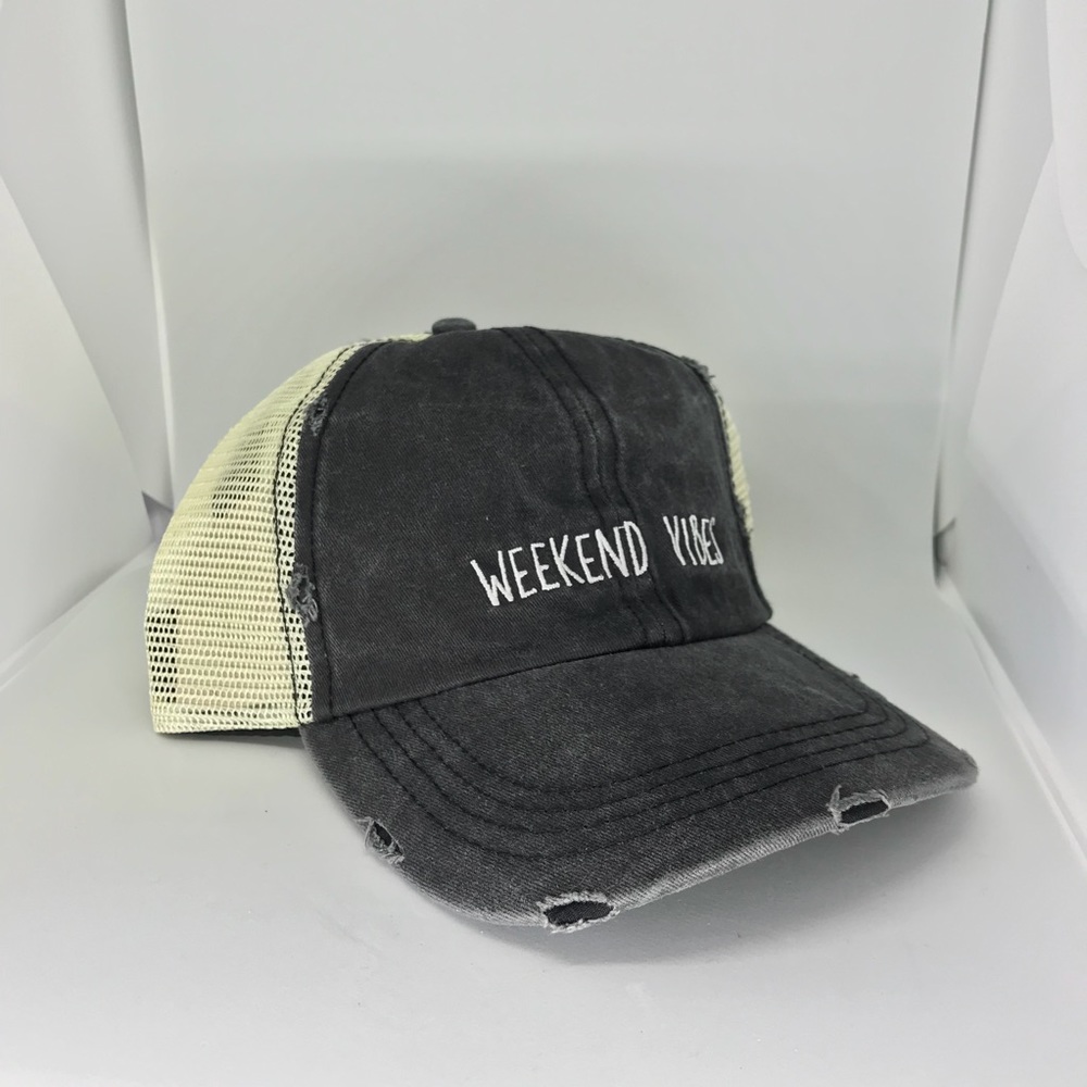 WEEKEND VIBES Distressed Mesh Baseball Cap - Picture 2 of 8